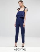 Asos Tall Jumpsuit With Double Ruffle And Contrast Grosgrain Tie - Navy