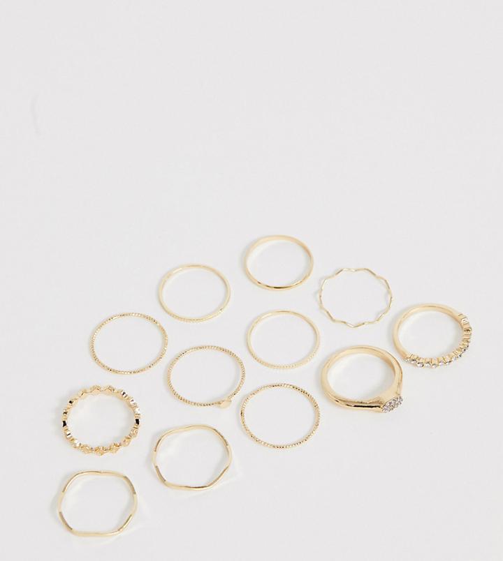 Asos Design Curve Pack Of 12 Rings In Mixed Design With Wavey And Engraved Rings In Gold