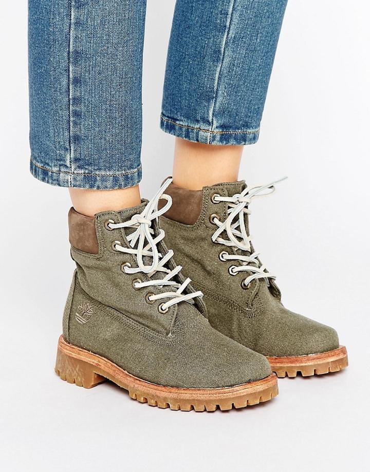 Timberland Fabric 6 Inch Lace Up Flat Boots - Green