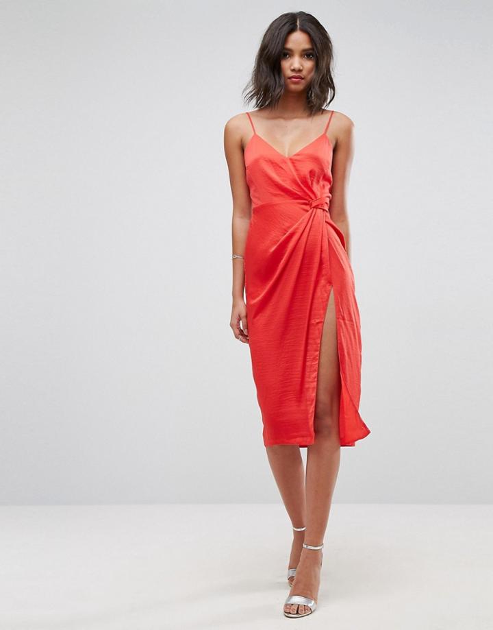 Asos Hammered Satin Strappy Pencil Midi Dress - Red