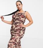 Asos Design Curve Cami Ruched Mesh Midi Dress In Cream And Wine Floral Print-multi