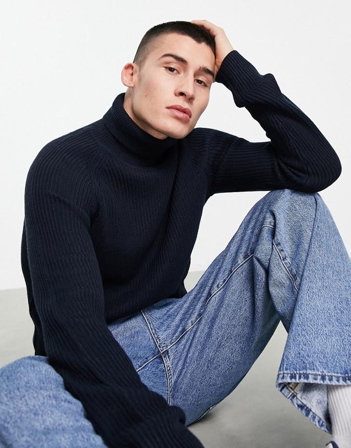 Jack & Jones Originals Ribbed Roll Neck Sweater In Navy