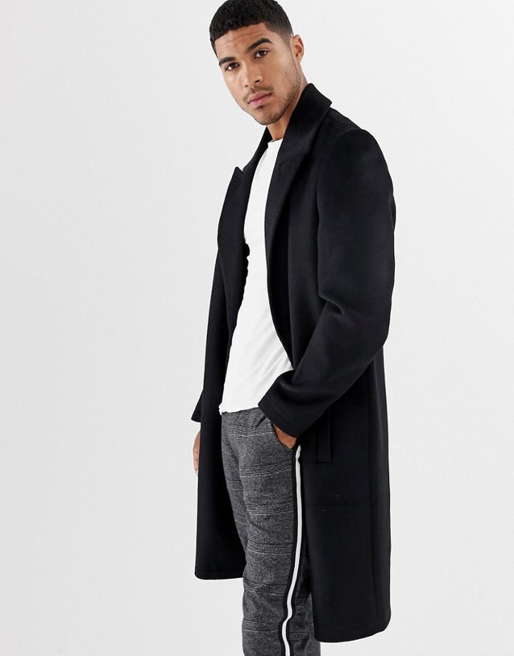 Asos Design Wool Mix Overcoat With Peak Lapel In Black - Black