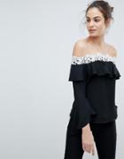 Lipsy Off Shoulder Top With Corded Lace Trim - Black