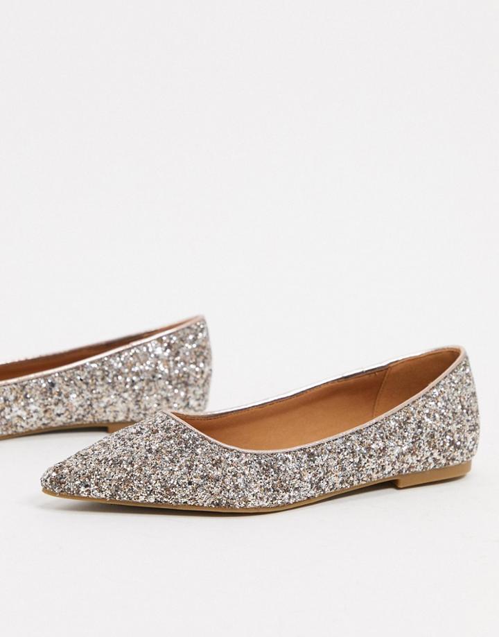 Asos Design Lucky Pointed Ballet Flats In Rose Gold Glitter