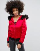 Missguided Red Satin Faux Fur Hood Padded Bomber Jacket - Red