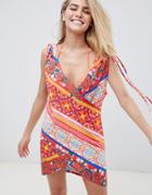 Asos Design Floral Postcard Print Wrap Jersey Beach Cover Up - Multi