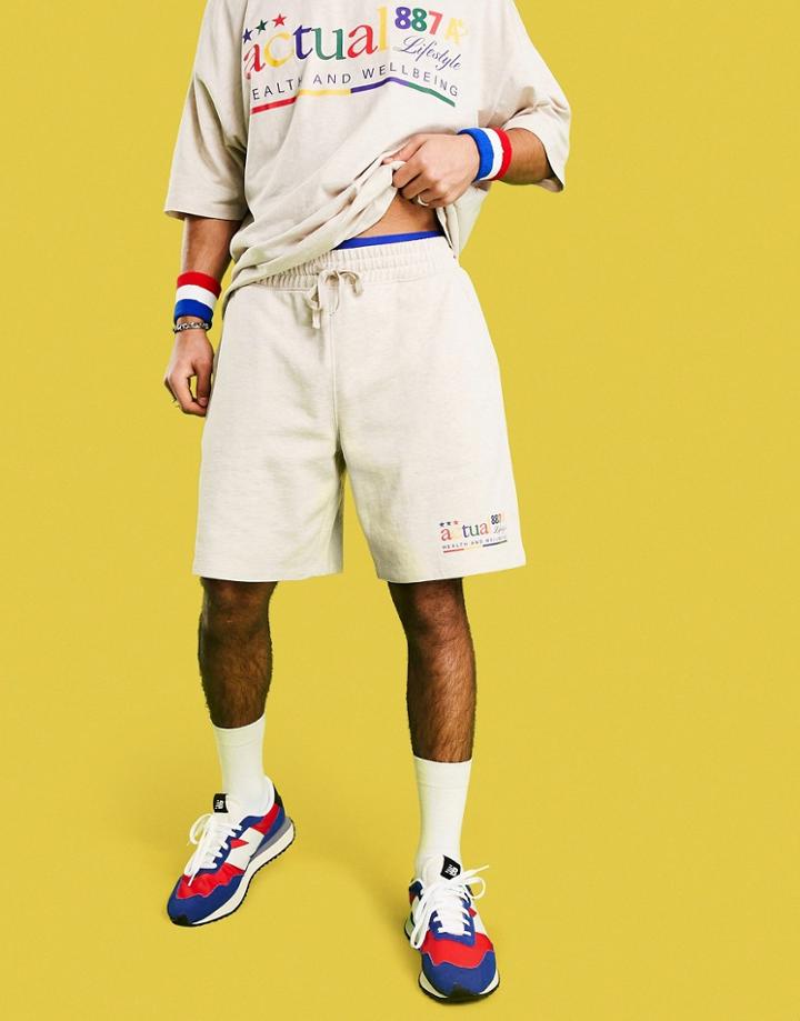 Asos Actual Relaxed Shorts With Logo Graphic Print In Oatmeal Heather - Part Of A Set-neutral