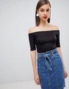 Moss Copenhagen Off Shoulder Shrunken T-shirt In Jersey Rib - Black