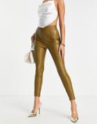 Asos Design Pintuck Leather Look Pant In Khaki Green