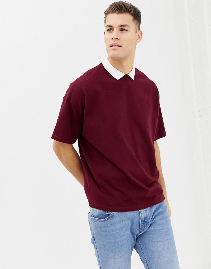 Asos Design Oversized Polo Shirt In Heavyweight Pique Fabric With Inserted Neck In Burgundy - Red