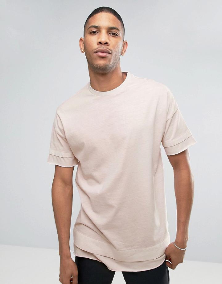 Asos Oversized T-shirt With Double Sleeve And Hem In Pink Wash - Pink