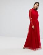 Little Mistress Pleat Front Maxi Dress With Lace Sleeve Detail - Red