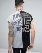 Asos Oversized Sleeveless Spliced T-shirt With Cut & Sew Back Print - Black