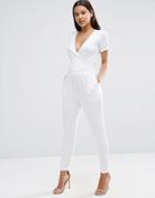 Asos Wrap Front Jersey Jumpsuit With Short Sleeve - White