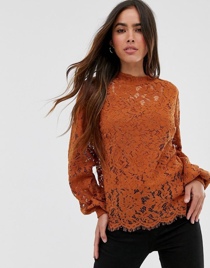 Vila High Neck Lace Top-brown