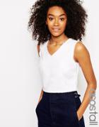 Asos Tall Denim Cropped V Neck Raw Hem Top In White - White