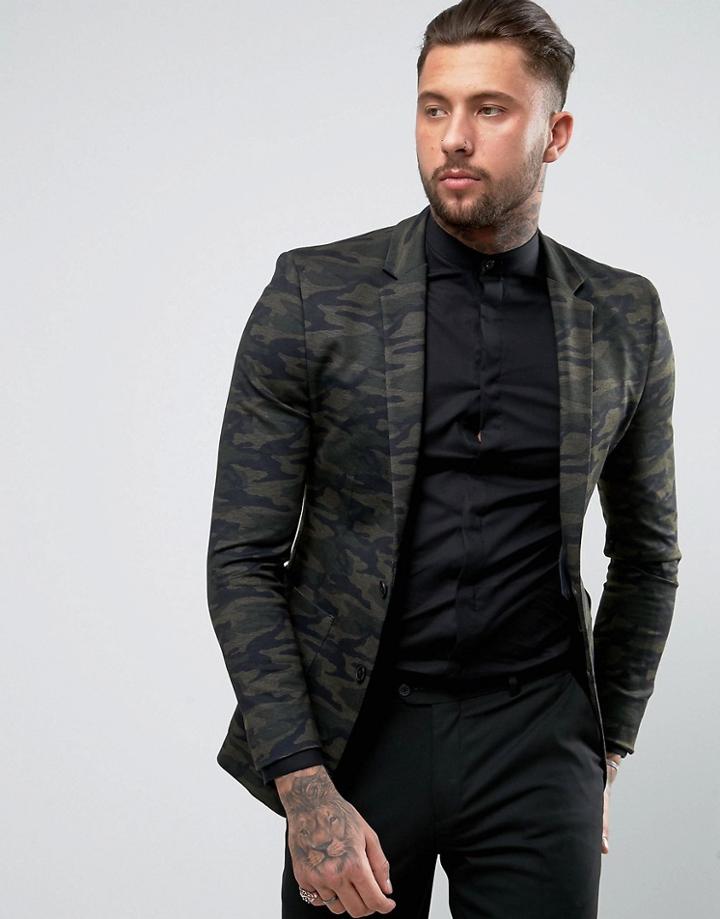 Asos Super Skinny Blazer In Camo Jersey - Green