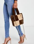 Asos Design Faux Fur Tote Bag With Chain In Brown And Beige Patchwork