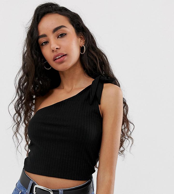 Asos Design Petite One Shoulder Top In Rib - Black
