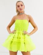 Lace & Beads Structured Tulle Mini Dress With Built In Bodysuit In Neon Lime-yellow