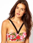 Asos Rose Print Padded Longline Woven Bikini Top