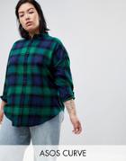 Asos Design Curve Boyfriend Shirt In Green And Navy Check - Multi