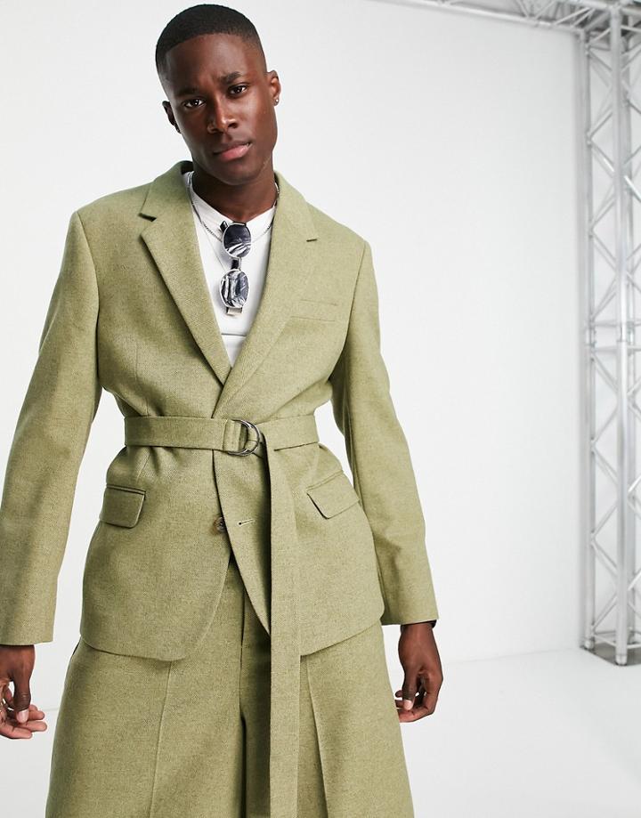 Asos Design Slim Suit Jacket With Covered Belt In Sage-green