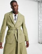 Asos Design Slim Suit Jacket With Covered Belt In Sage-green