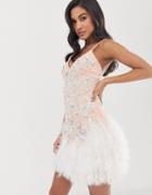 Asos Design Embellished Faux Feather Hem Mini Dress - Cream