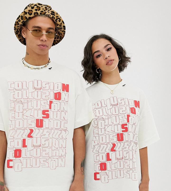 Collusion Unisex Printed T-shirt - White