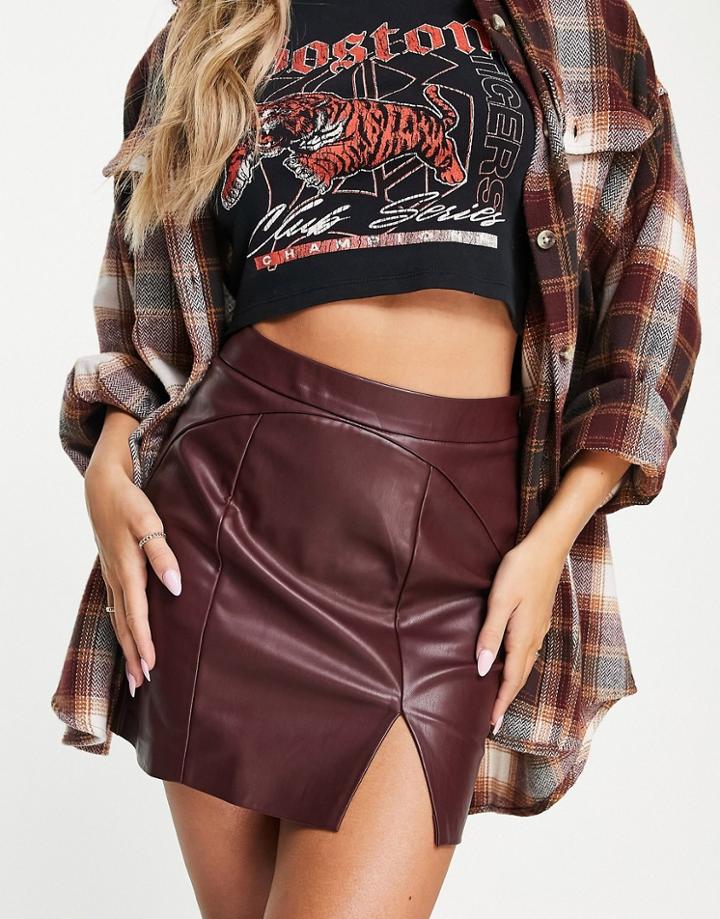 Topshop Seam Detail Pu Skirt With Slit In Burgundy-red