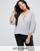 Asos Curve Drape Wrap Top With Fluted Sleeve - Gray