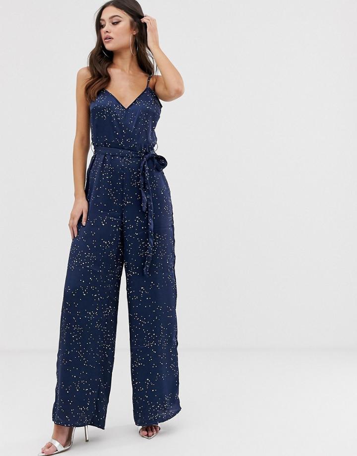 Boohoo Satin Jumpsuit In Navy Polka Dot - Multi