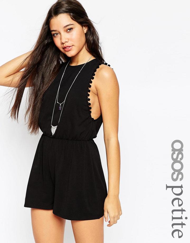 Asos Petite Drop Armhole Jersey Romper With Pom Poms - Black