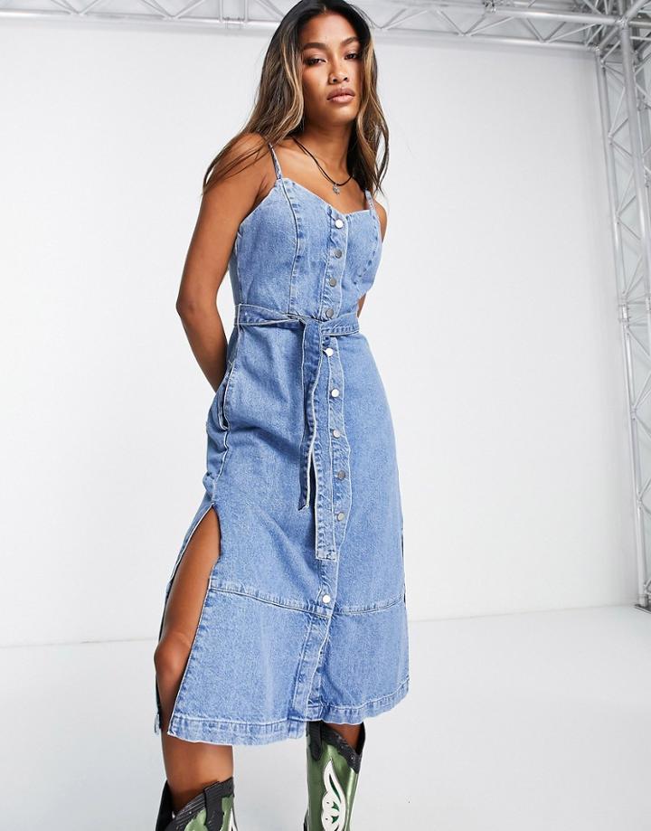 Topshop Denim Snaps Midi Dress In Mid Blue