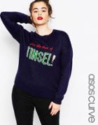 Asos Curve Holidays Sweater With 'for The Love Of Tinsel' - Navy