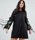 Boohoo Plus Embroidered Shift Dress With Tassel Detail - Black