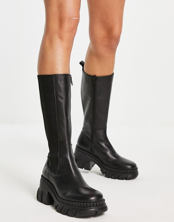 Asos Design Capricorn Premium Leather Chunky Chelsea Knee Boots In Black