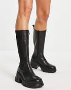 Asos Design Capricorn Premium Leather Chunky Chelsea Knee Boots In Black