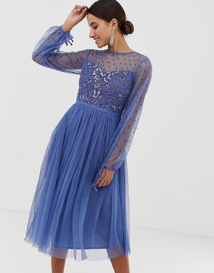 Maya Long Sleeve Pleated Midi Dress With Embellished Detail - Blue