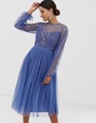 Maya Long Sleeve Pleated Midi Dress With Embellished Detail - Blue