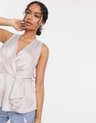 River Island Satin Wrap Sleeveless Top In Gray-grey