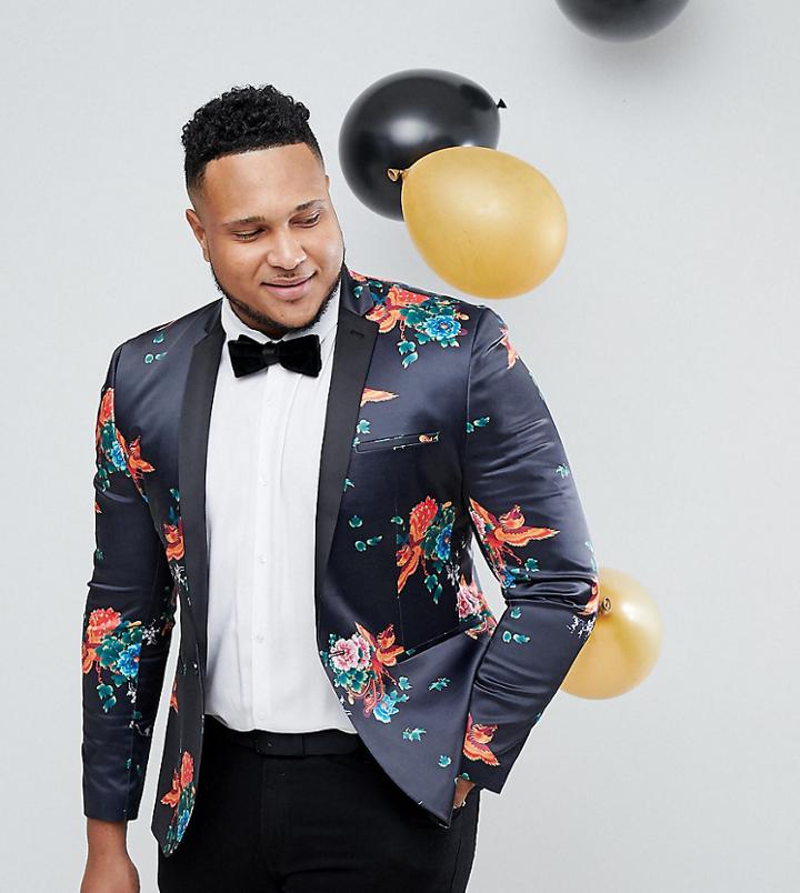Asos Plus Super Skinny Blazer With Phoenix Print - Black