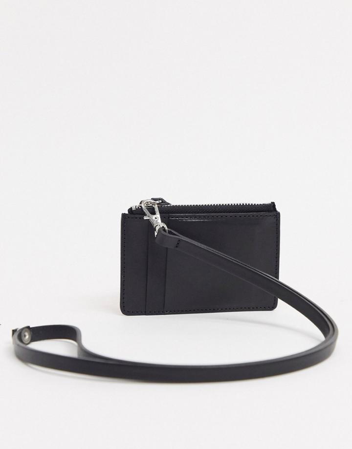 Asos Design Leather Neck Wallet With Card Holder And Zip In Black