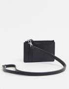 Asos Design Leather Neck Wallet With Card Holder And Zip In Black
