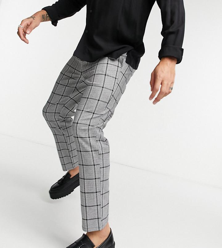 Asos Design Slim Ankle Grazer Check Trousers With Elasticated Waist In Gray-grey