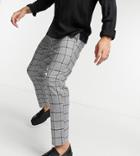 Asos Design Slim Ankle Grazer Check Trousers With Elasticated Waist In Gray-grey