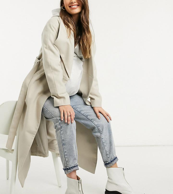 Asos Design Maternity Longline Belted Skater Coat In Stone-neutral
