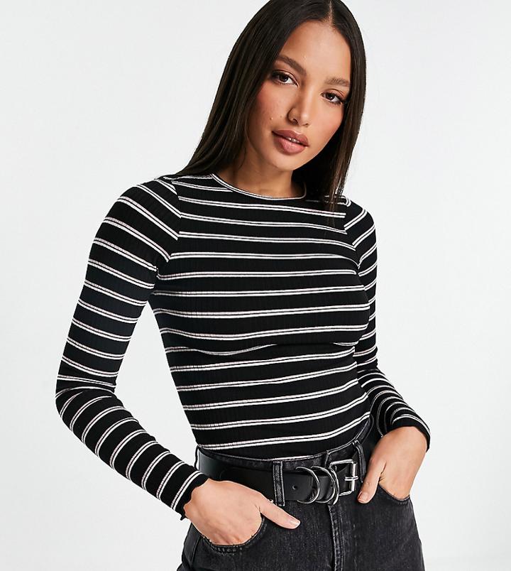 Asos Design Tall Long Sleeve Ribbed Top With Pink And Black Stripes-multi